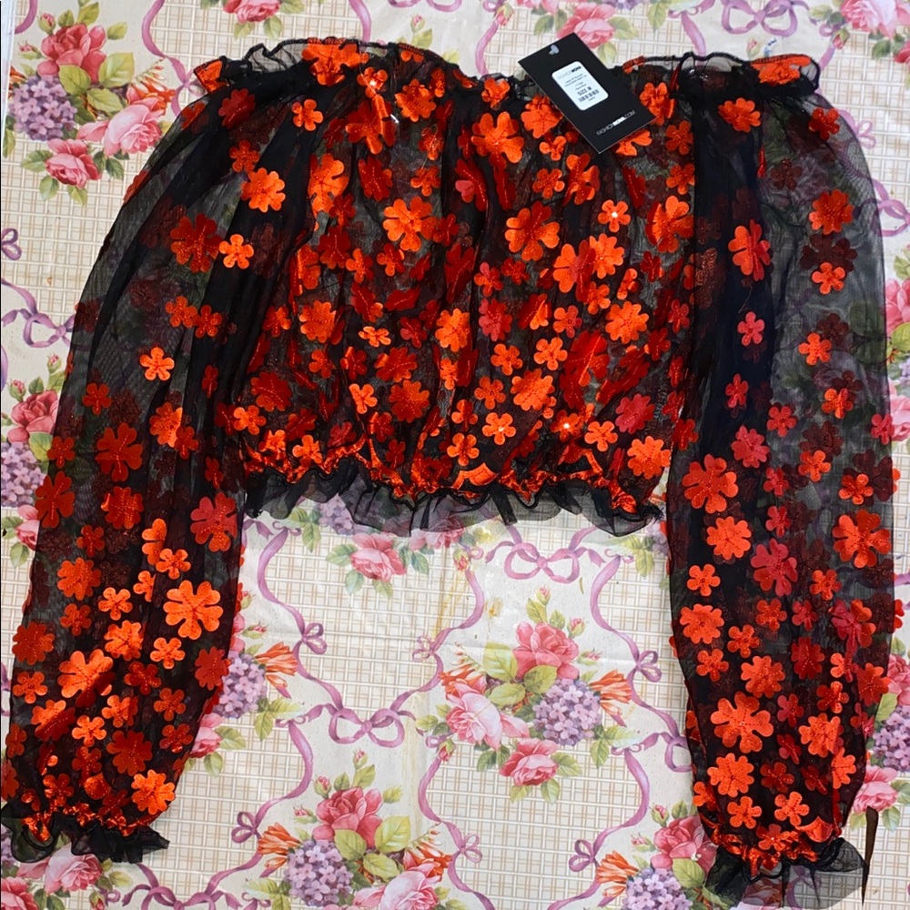 FashionNova Off the shoulder black mesh top